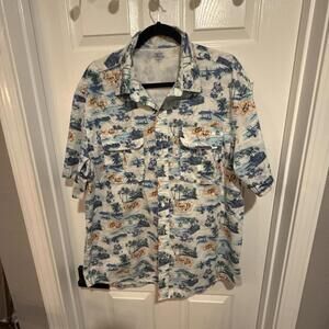 IZOD Saltwater Shirt Men XL Blue Hawaiian Short Sleeve Performance Vented